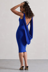 Royal Blue Square-Neck Backless Midi Dress With Cape